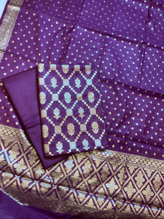Purple Mescrize Cotton Geometrical Banarasi 3 pcs Suit Set 1100SKL_MS4