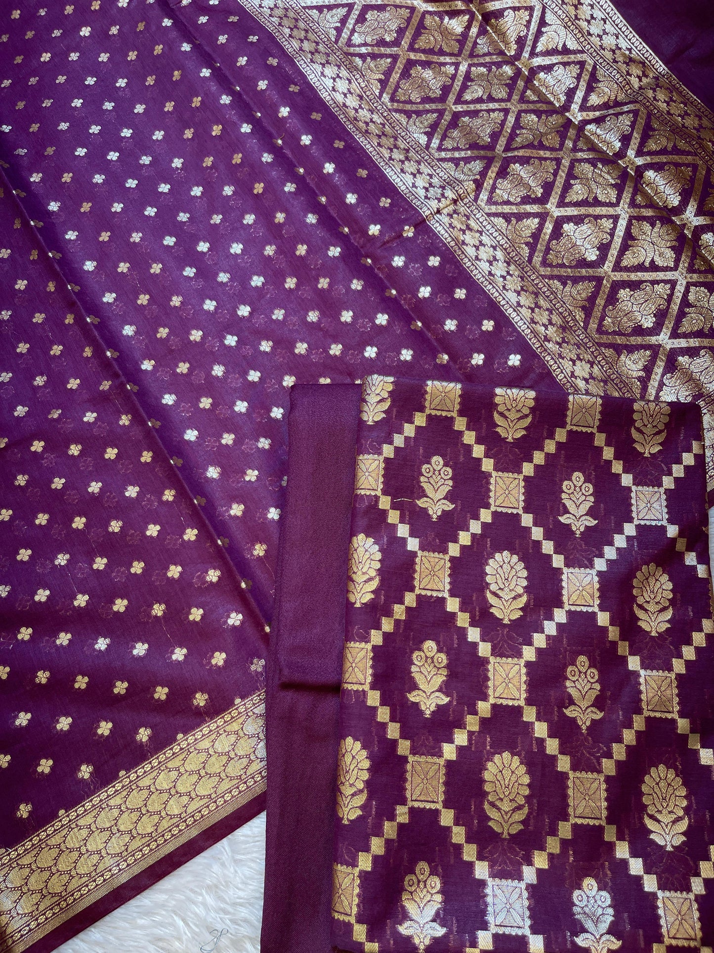 Purple Mescrize Cotton Geometrical Banarasi 3 pcs Suit Set 1100SKL_MS4