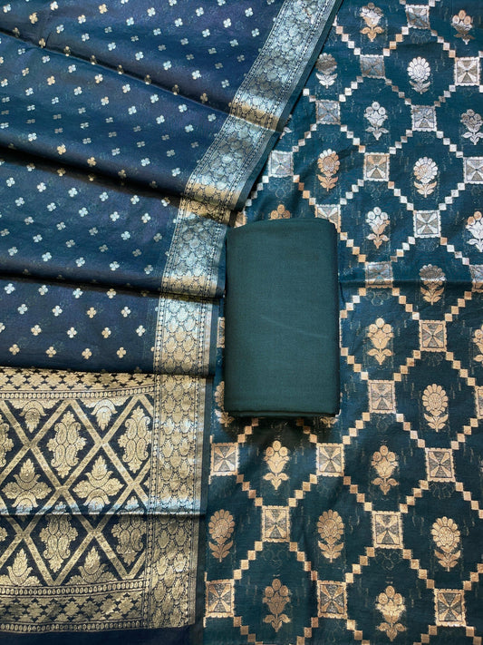 Dark Green Mescrize Cotton Geometrical Banarasi 3 pcs Suit Set 1100SKL_MS5