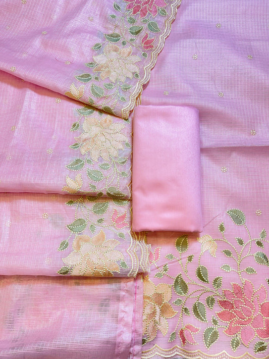 Pink Kota Check Embroidery Banarasi 3 pcs Suit Set 1100SKL_KC4