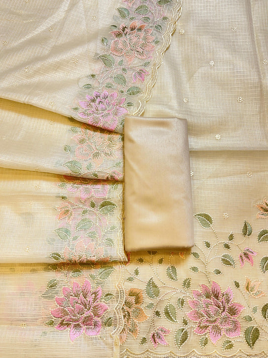 Yellow Kota Check Embroidery Banarasi 3 pcs Suit Set 1100SKL_KC5