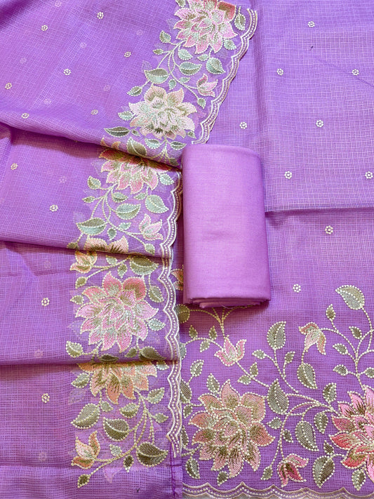 Purple Kota Check Embroidery Banarasi 3 pcs Suit Set 1100SKL_KC6