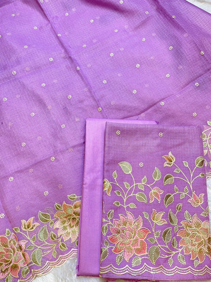 Purple Kota Check Embroidery Banarasi 3 pcs Suit Set 1100SKL_KC6
