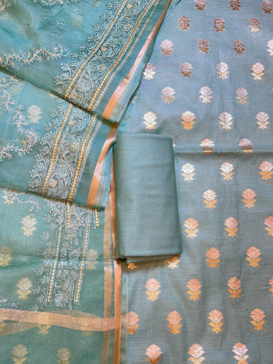 Sea Green Mescrize Cotton Banarasi 3 pcs Suit Set with Resham Embroidery Dupatta 1100SKL_MSK1