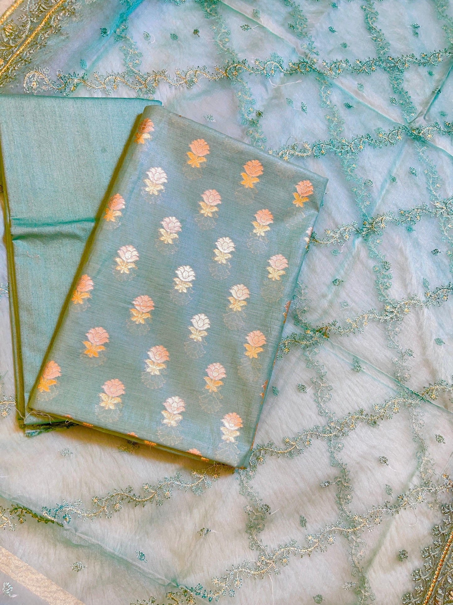 Sea Green Mescrize Cotton Banarasi 3 pcs Suit Set with Resham Embroidery Dupatta 1100SKL_MSK1