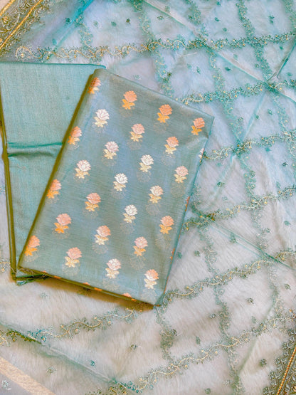 Sea Green Mescrize Cotton Banarasi 3 pcs Suit Set with Resham Embroidery Dupatta 1100SKL_MSK1