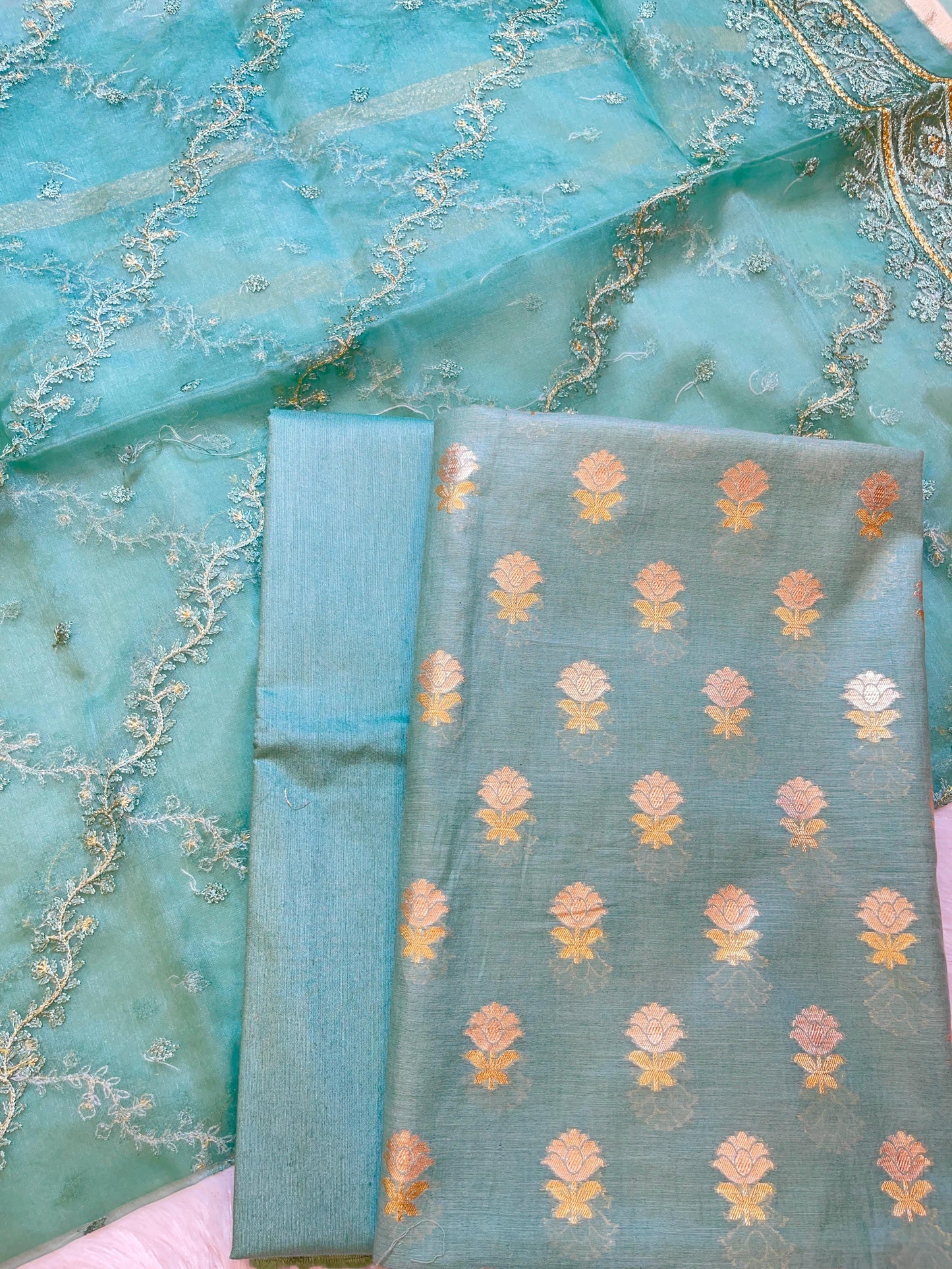 Sea Green Mescrize Cotton Banarasi 3 pcs Suit Set with Resham Embroidery Dupatta 1100SKL_MSK1