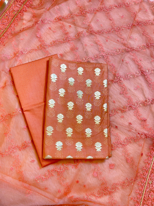 Peach Mescrize Cotton Banarasi 3 pcs Suit Set with Resham Embroidery Dupatta 1100SKL_MSK2