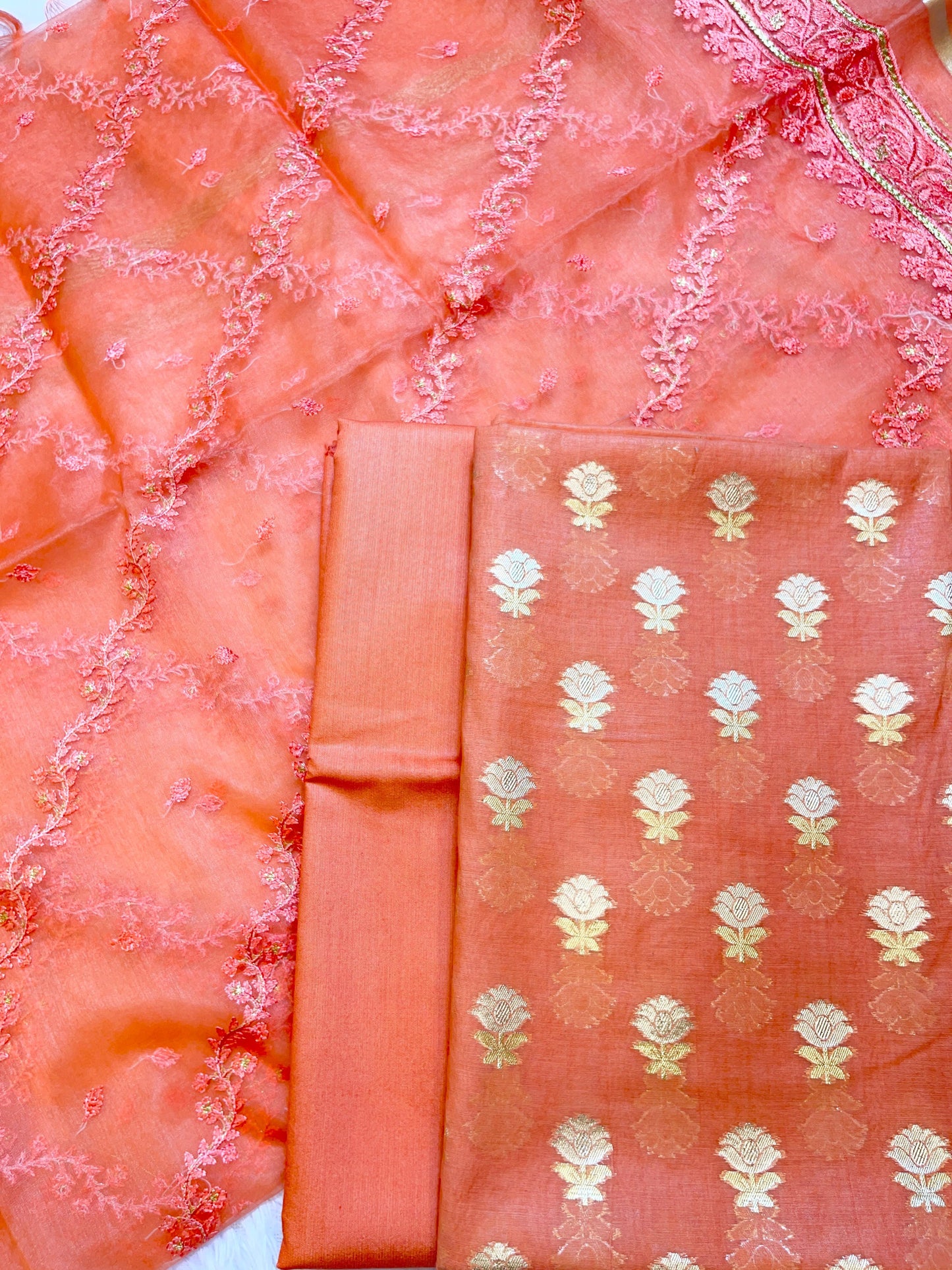 Peach Mescrize Cotton Banarasi 3 pcs Suit Set with Resham Embroidery Dupatta 1100SKL_MSK2