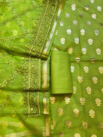 Pista Green Mescrize Cotton Banarasi 3 pcs Suit Set with Resham Embroidery Dupatta 1100SKL_MSK3