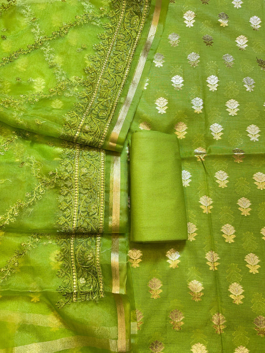 Pista Green Mescrize Cotton Banarasi 3 pcs Suit Set with Resham Embroidery Dupatta 1100SKL_MSK3