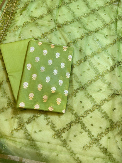 Pista Green Mescrize Cotton Banarasi 3 pcs Suit Set with Resham Embroidery Dupatta 1100SKL_MSK3