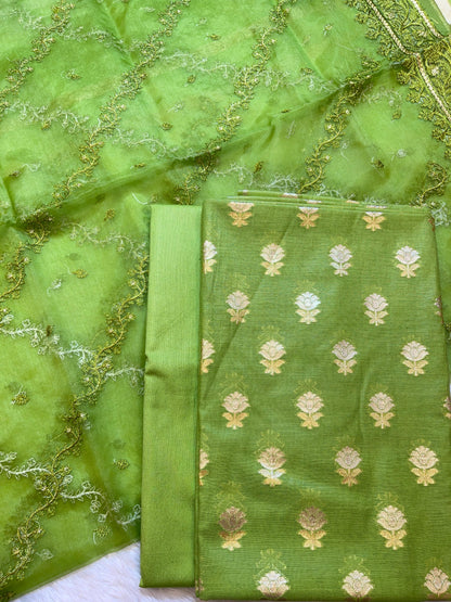 Pista Green Mescrize Cotton Banarasi 3 pcs Suit Set with Resham Embroidery Dupatta 1100SKL_MSK3