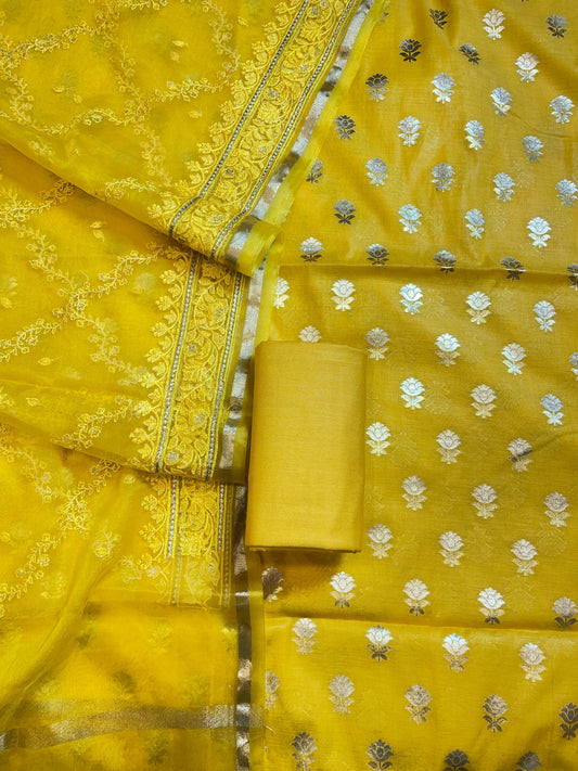 Yellow Mescrize Cotton Banarasi 3 pcs Suit Set with Resham Embroidery Dupatta 1100SKL_MSK5