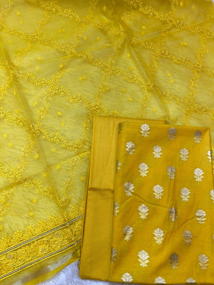 Yellow Mescrize Cotton Banarasi 3 pcs Suit Set with Resham Embroidery Dupatta 1100SKL_MSK5