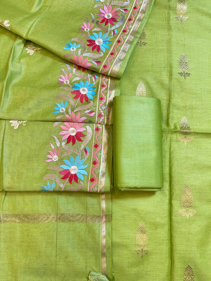 Pista Green Mescrize Cotton Banarasi 3 pcs Suit Set with Resham Embroidery Dupatta 1100SKL_MEL1