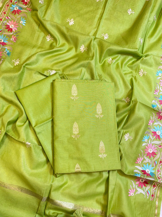 Pista Green Mescrize Cotton Banarasi 3 pcs Suit Set with Resham Embroidery Dupatta 1100SKL_MEL1