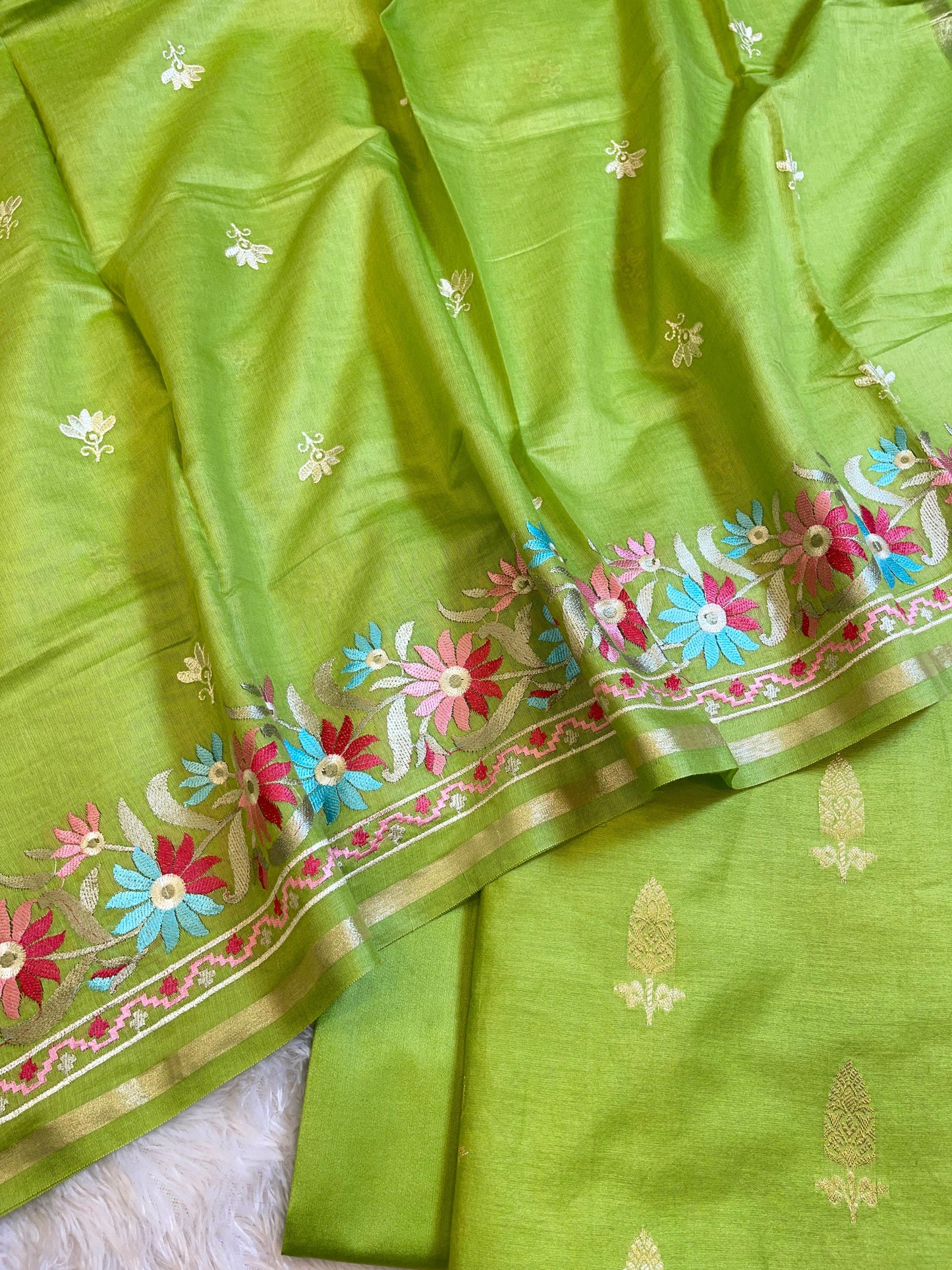 Pista Green Mescrize Cotton Banarasi 3 pcs Suit Set with Resham Embroidery Dupatta 1100SKL_MEL1