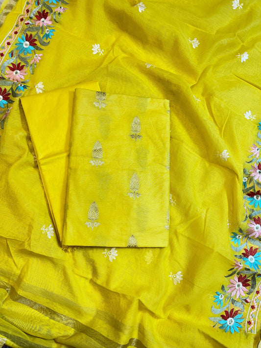 Yellow Mescrize Cotton Banarasi 3 pcs Suit Set with Resham Embroidery Dupatta 1100SKL_MEL2