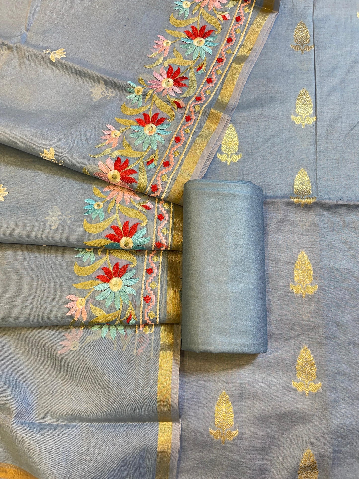 Light Blue Mescrize Cotton Banarasi 3 pcs Suit Set with Resham Embroidery Dupatta 1100SKL_MEL3