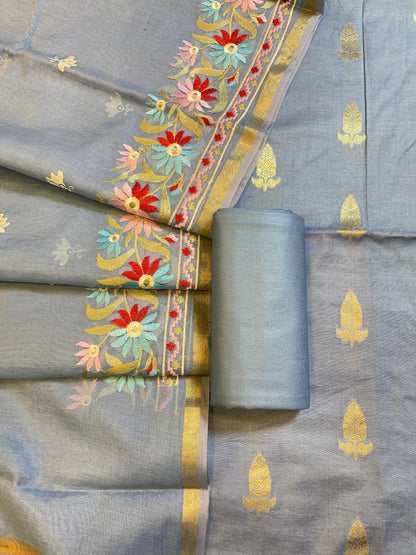 Light Blue Mescrize Cotton Banarasi 3 pcs Suit Set with Resham Embroidery Dupatta 1100SKL_MEL3