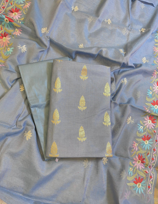 Light Blue Mescrize Cotton Banarasi 3 pcs Suit Set with Resham Embroidery Dupatta 1100SKL_MEL3