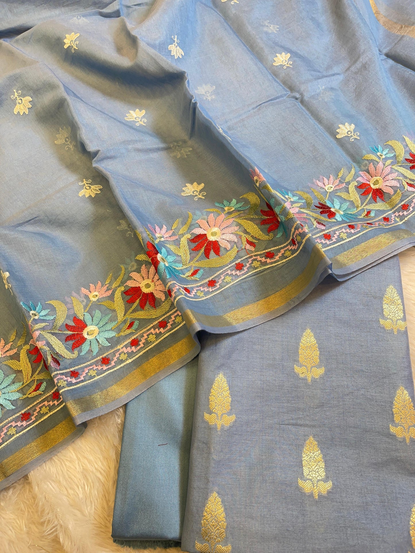 Light Blue Mescrize Cotton Banarasi 3 pcs Suit Set with Resham Embroidery Dupatta 1100SKL_MEL3