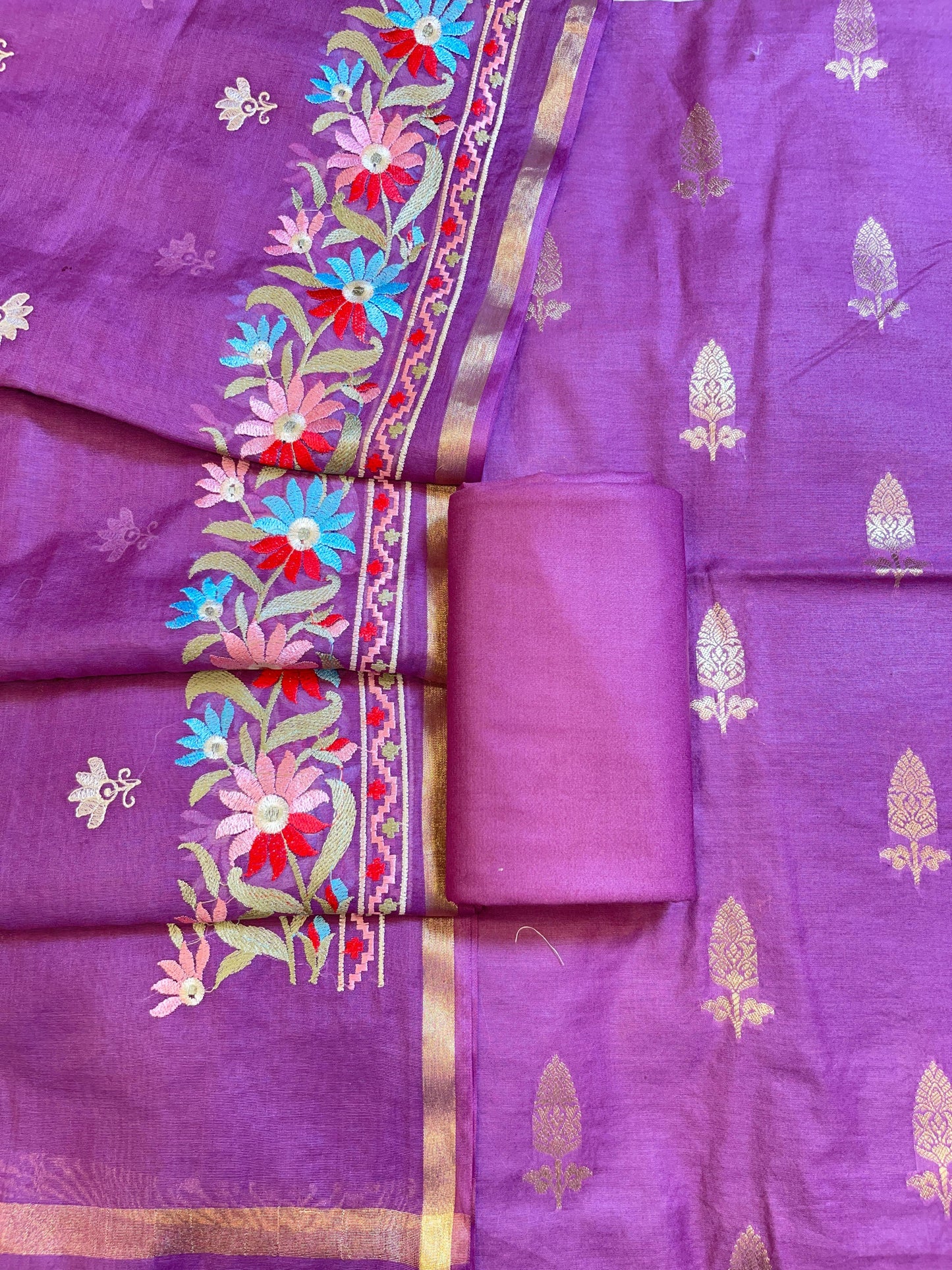 Purple Mescrize Cotton Banarasi 3 pcs Suit Set with Resham Embroidery Dupatta 1100SKL_MEL4