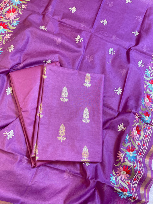 Purple Mescrize Cotton Banarasi 3 pcs Suit Set with Resham Embroidery Dupatta 1100SKL_MEL4