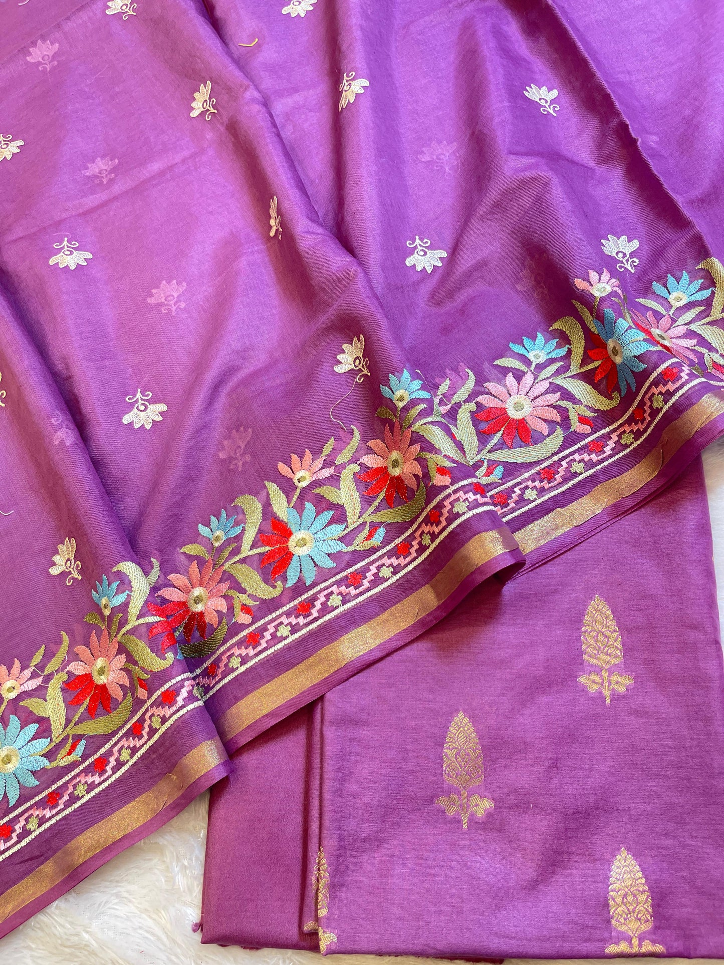 Purple Mescrize Cotton Banarasi 3 pcs Suit Set with Resham Embroidery Dupatta 1100SKL_MEL4