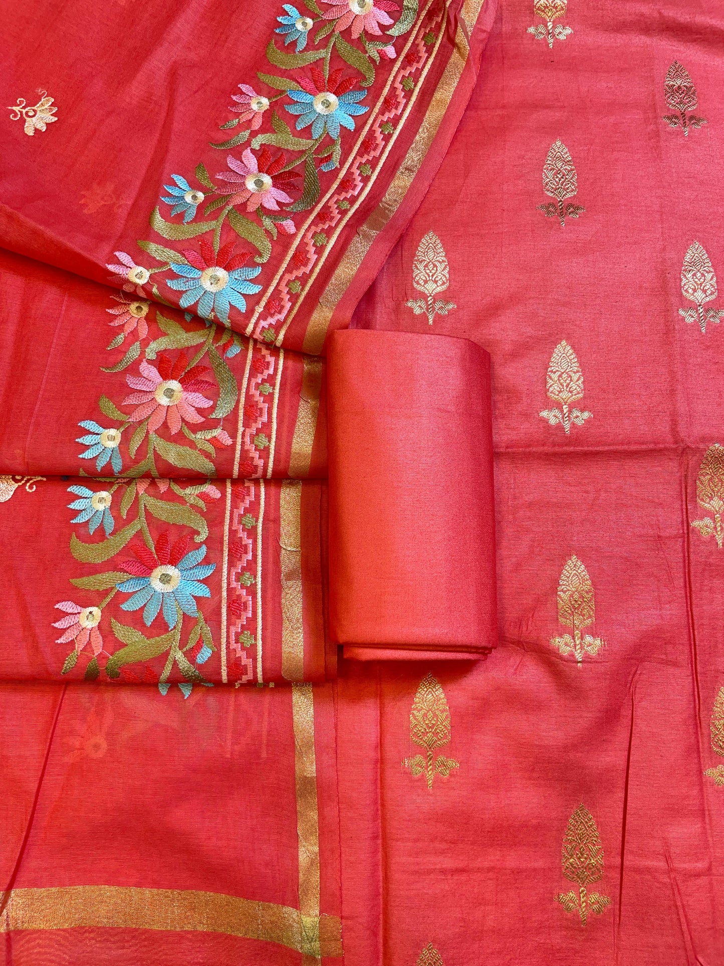 Strawberry Peach Mescrize Cotton Banarasi 3 pcs Suit Set with Resham Embroidery Dupatta 1100SKL_MEL5