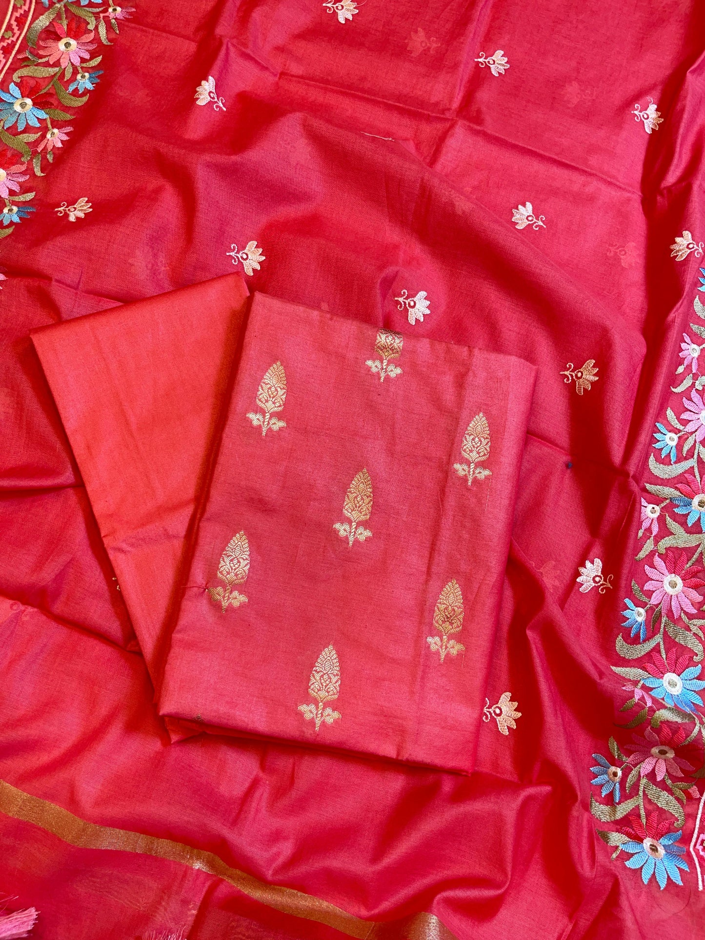 Strawberry Peach Mescrize Cotton Banarasi 3 pcs Suit Set with Resham Embroidery Dupatta 1100SKL_MEL5
