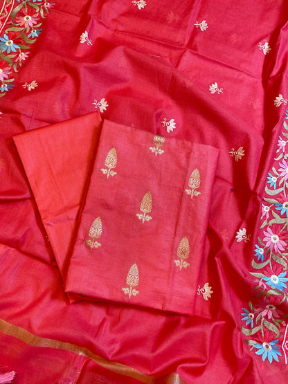 Strawberry Peach Mescrize Cotton Banarasi 3 pcs Suit Set with Resham Embroidery Dupatta 1100SKL_MEL5