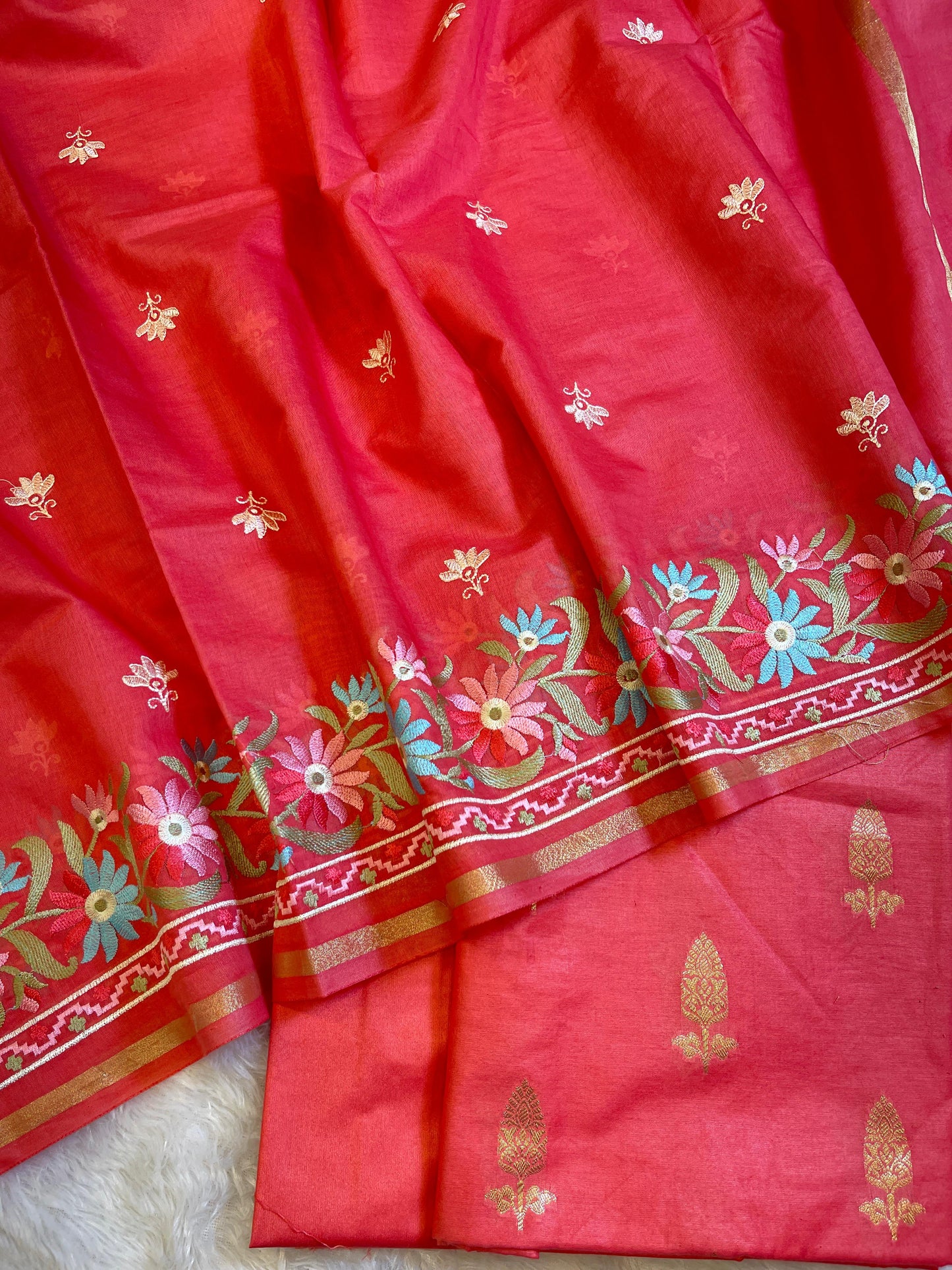 Strawberry Peach Mescrize Cotton Banarasi 3 pcs Suit Set with Resham Embroidery Dupatta 1100SKL_MEL5