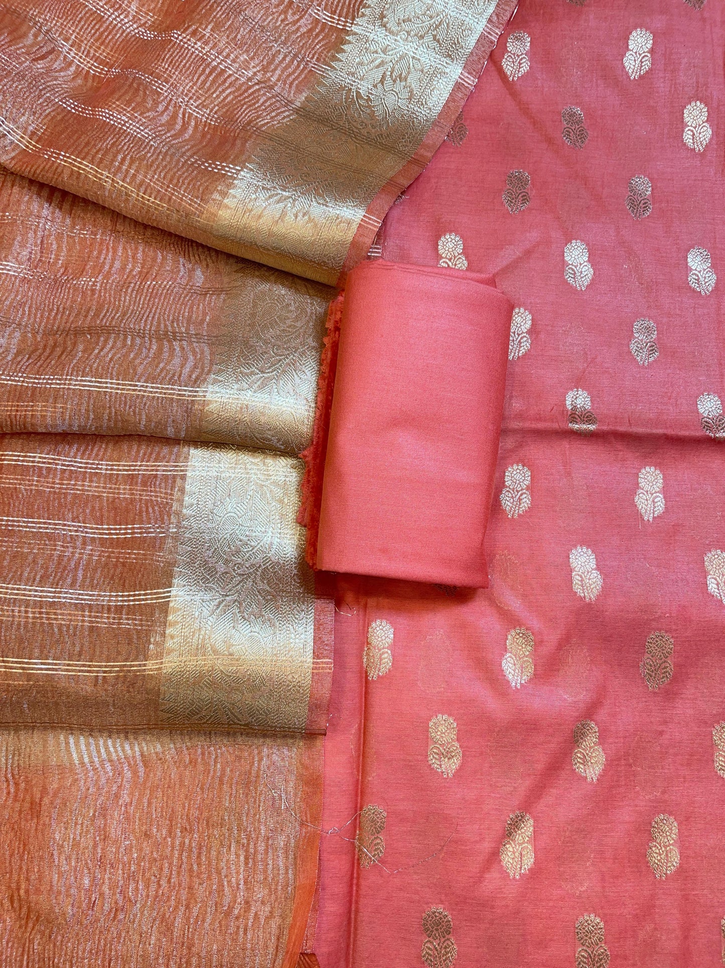 Peach Mescrize Cotton Banarasi 3 pcs Suit Set with Crush Tissue Dupatta 1100SKL_MSC1