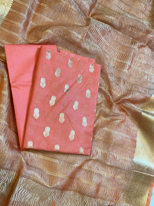 Peach Mescrize Cotton Banarasi 3 pcs Suit Set with Crush Tissue Dupatta 1100SKL_MSC1
