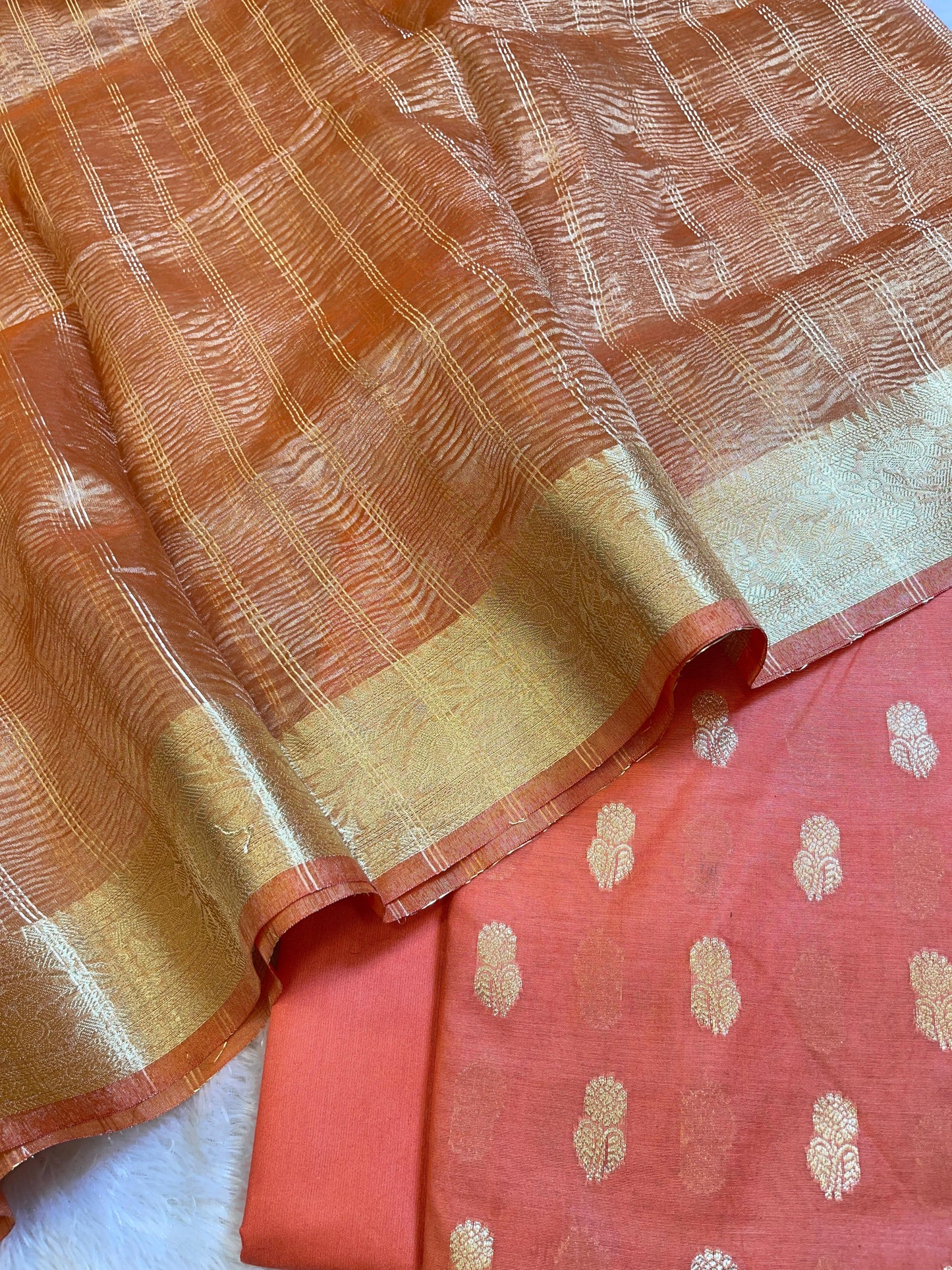 Peach Mescrize Cotton Banarasi 3 pcs Suit Set with Crush Tissue Dupatta 1100SKL_MSC1