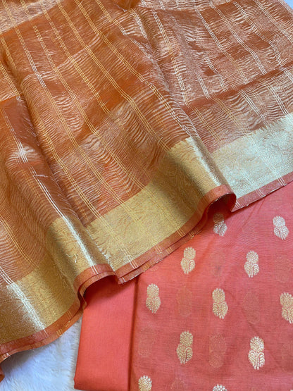 Peach Mescrize Cotton Banarasi 3 pcs Suit Set with Crush Tissue Dupatta 1100SKL_MSC1