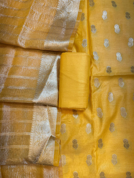 Yellow Mescrize Cotton Banarasi 3 pcs Suit Set with Crush Tissue Dupatta 1100SKL_MSC3