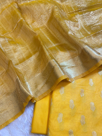 Yellow Mescrize Cotton Banarasi 3 pcs Suit Set with Crush Tissue Dupatta 1100SKL_MSC3