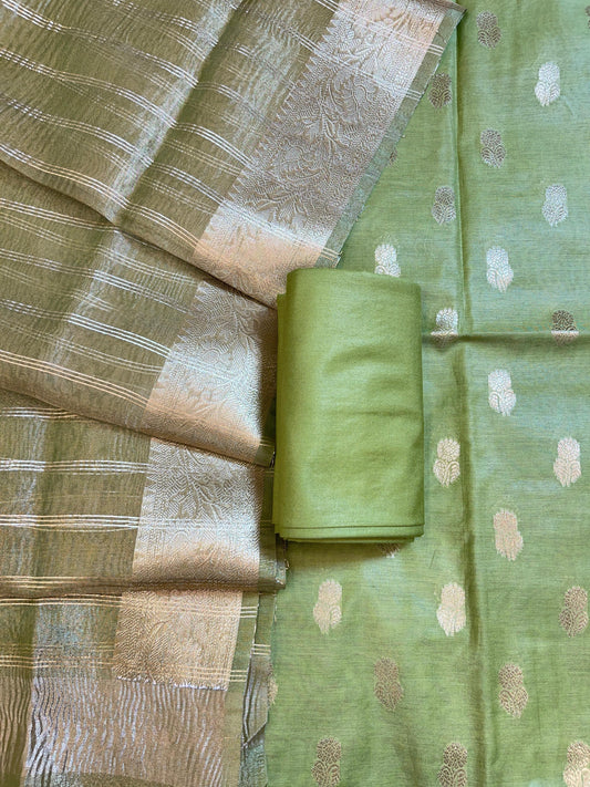Pistagreen Mescrize Cotton Banarasi 3 pcs Suit Set with Crush Tissue Dupatta 1100SKL_MSC5