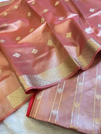 Dark Pink Tissue Silk Zari Stripe Banarasi 3 pcs Suit Set 1100SKL_TSU1