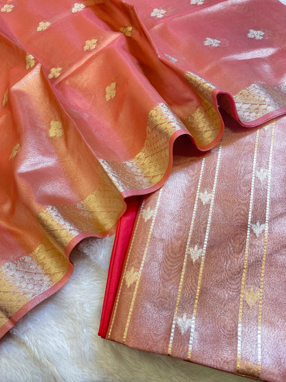 Dark Pink Tissue Silk Zari Stripe Banarasi 3 pcs Suit Set 1100SKL_TSU1