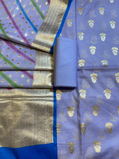 Light Blue Pure Mercerised Silk Banarasi 3 pcs Suit Set with Stripe Rangkaat Dupatta 1250SKL_MS1