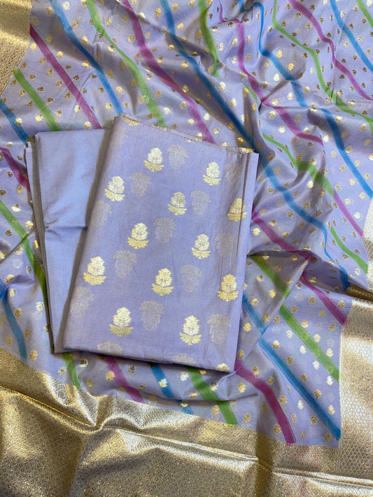 Light Blue Pure Mercerised Silk Banarasi 3 pcs Suit Set with Stripe Rangkaat Dupatta 1250SKL_MS1