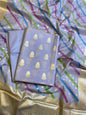 Light Blue Pure Mercerised Silk Banarasi 3 pcs Suit Set with Stripe Rangkaat Dupatta 1250SKL_MS1