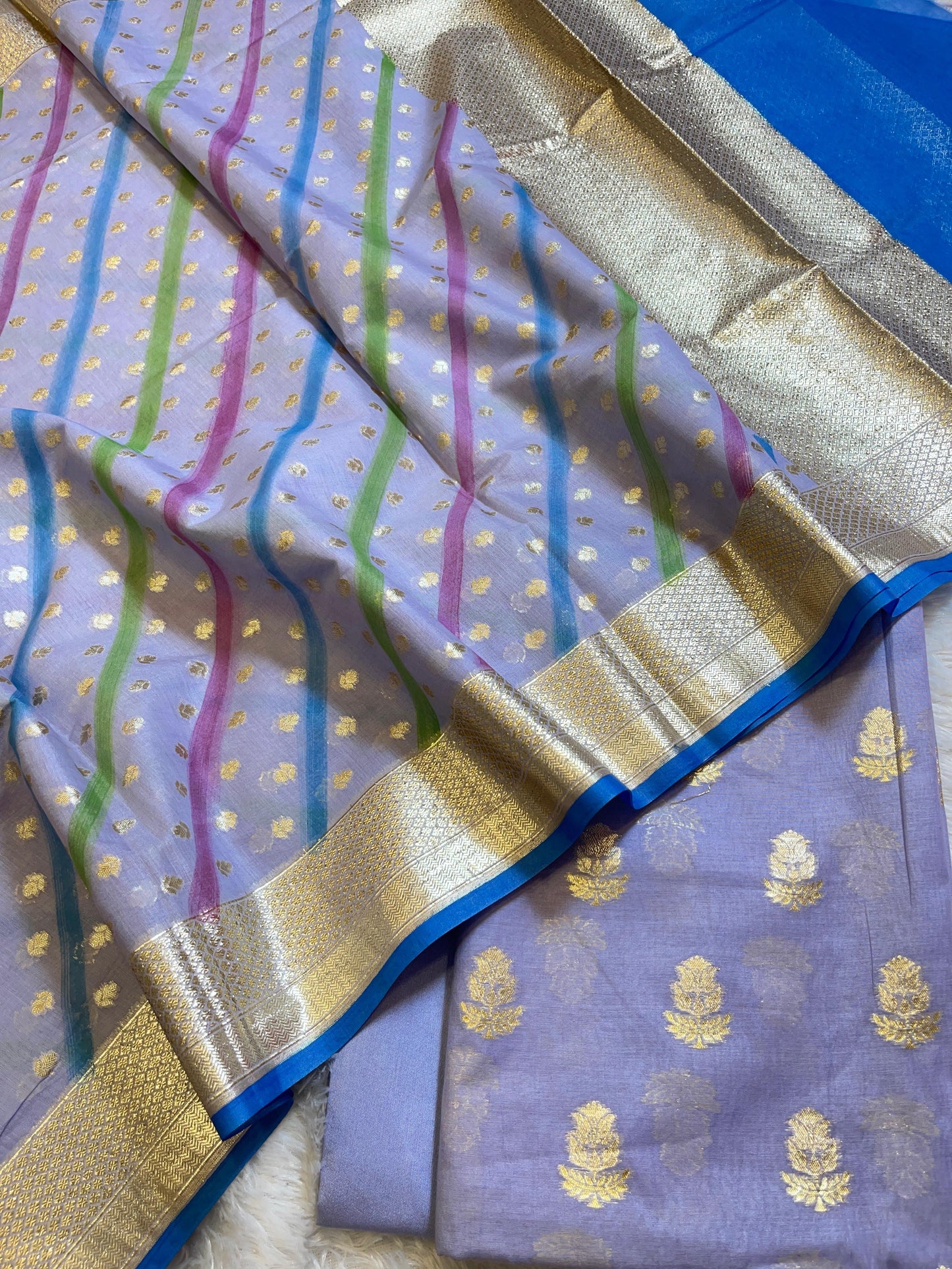 Light Blue Pure Mercerised Silk Banarasi 3 pcs Suit Set with Stripe Rangkaat Dupatta 1250SKL_MS1