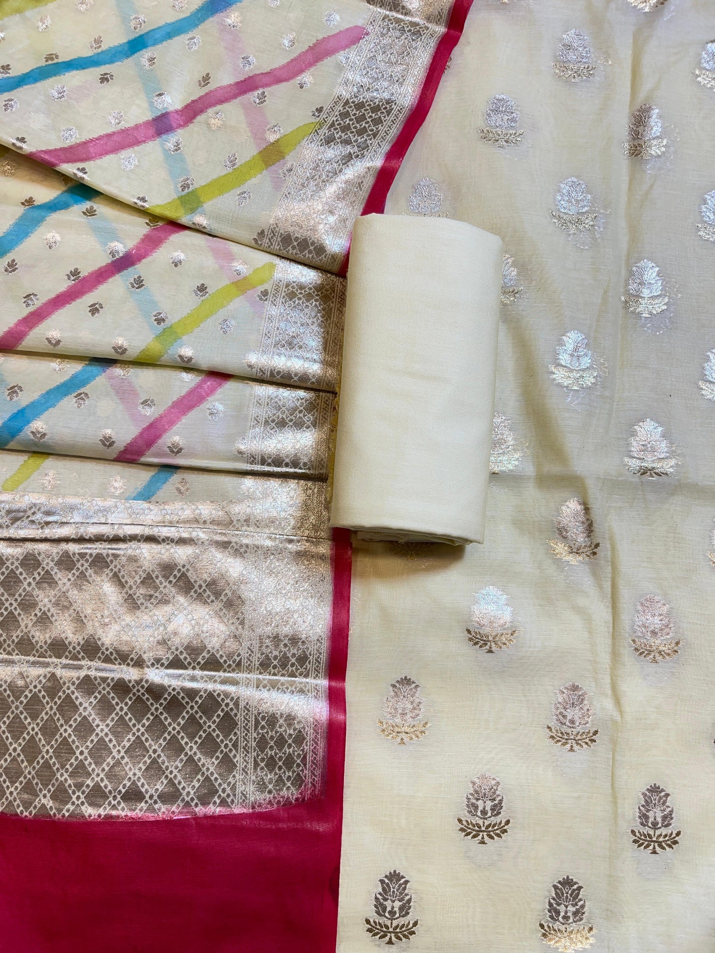 Off white Pure Mercerised Silk Banarasi 3 pcs Suit Set with Stripe Rangkaat Dupatta 1250SKL_MS2