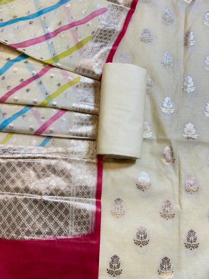 Off white Pure Mercerised Silk Banarasi 3 pcs Suit Set with Stripe Rangkaat Dupatta 1250SKL_MS2
