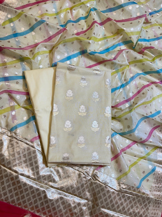 Off white Pure Mercerised Silk Banarasi 3 pcs Suit Set with Stripe Rangkaat Dupatta 1250SKL_MS2